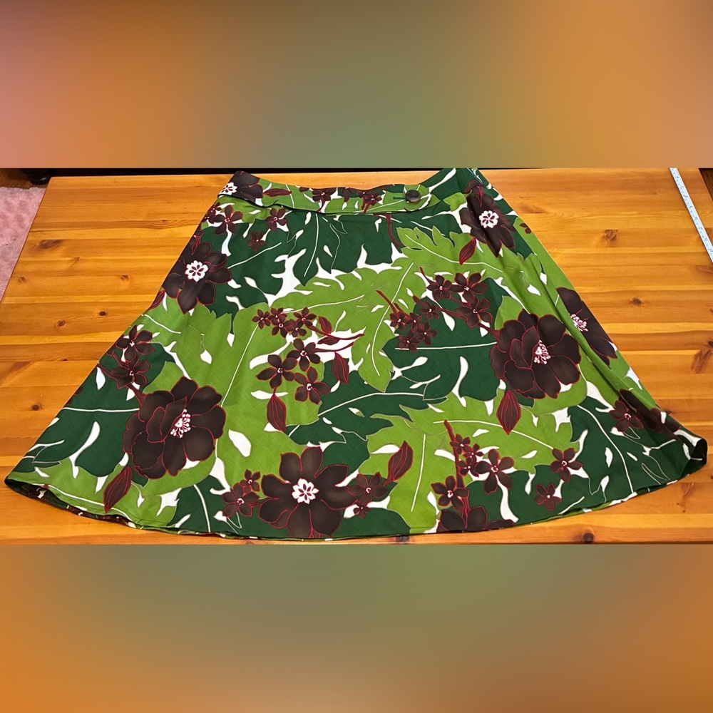 Talbots Green Floral A-Line Skirt with Dark Brown Flowers
